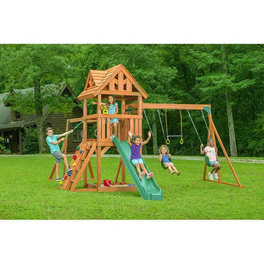 mountain view lodge wooden swing set with kids playing