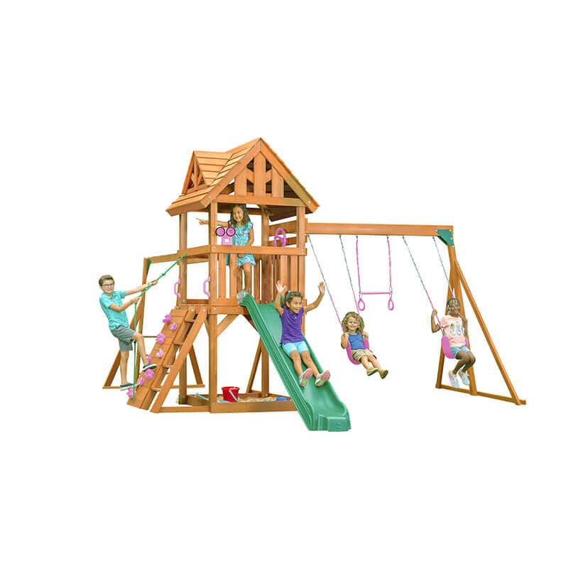 wooden swing set with kids playing