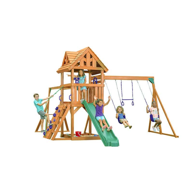 wooden swing set with kids playing