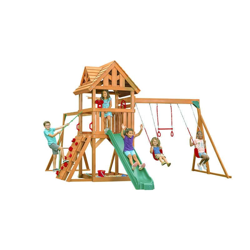 mountain view lodge swing set with red accessories