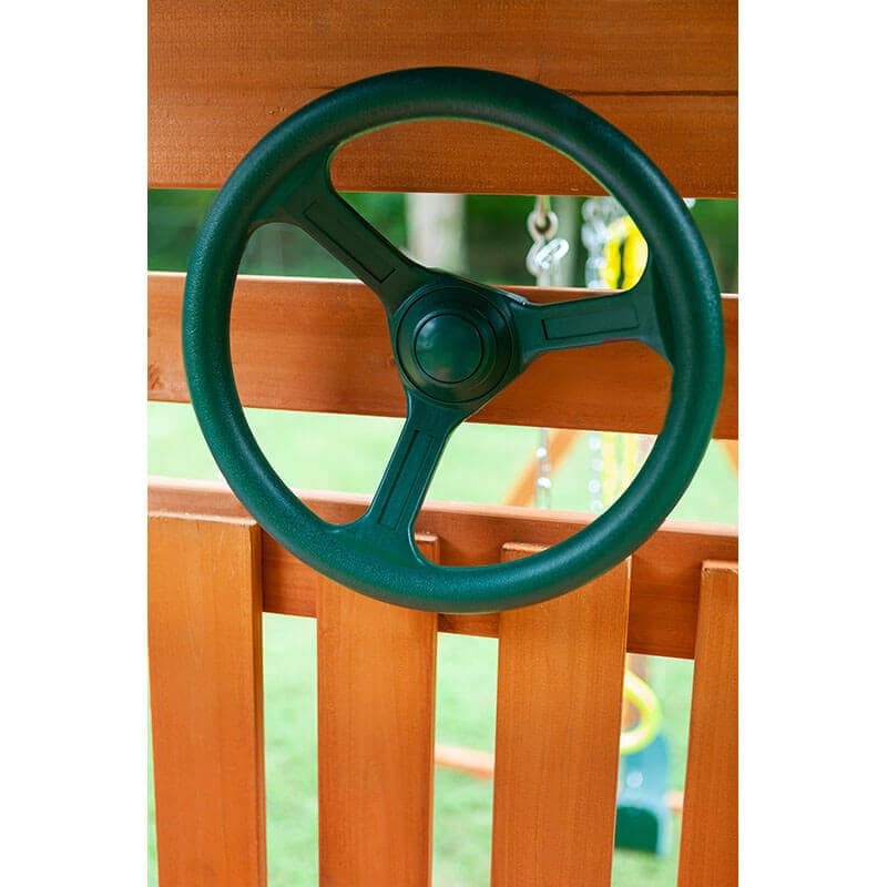 wooden swing set steering wheel in green