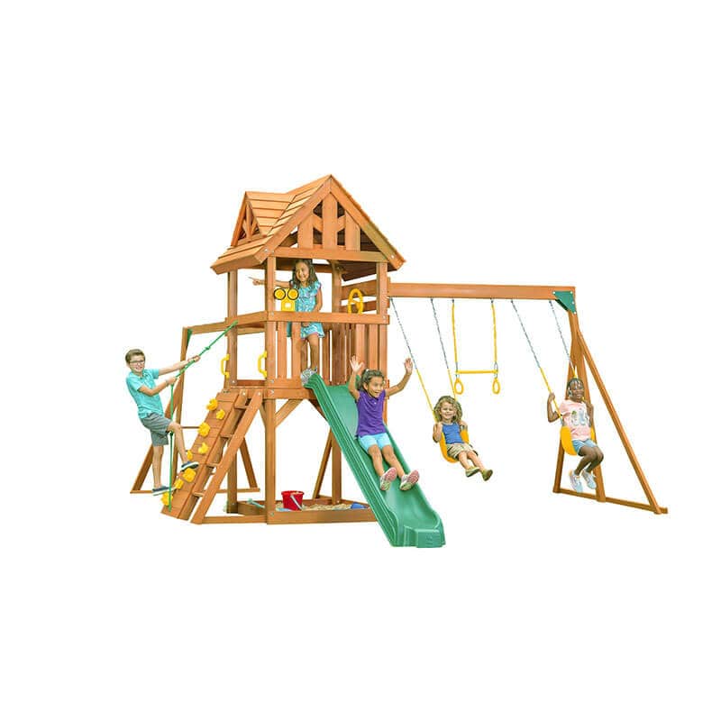 wooden swing set with yellow accessories and kids playing