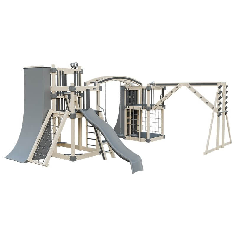 obstacle course vinyl outdoor playset almond gray front left