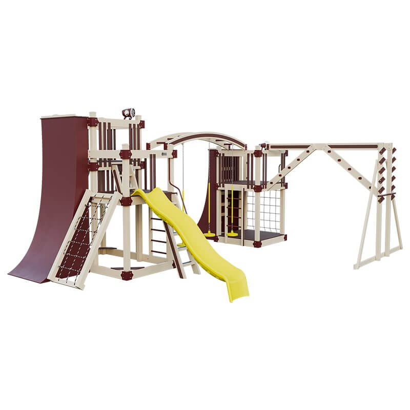 obstacle course vinyl outdoor playset almond red yellow front left