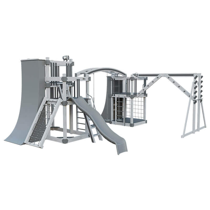 obstacle course vinyl outdoor playset ash wood gray front left
