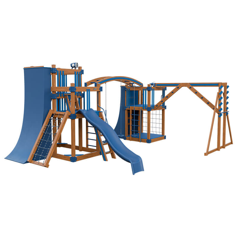 obstacle course vinyl outdoor playset chestnut wood blue front left