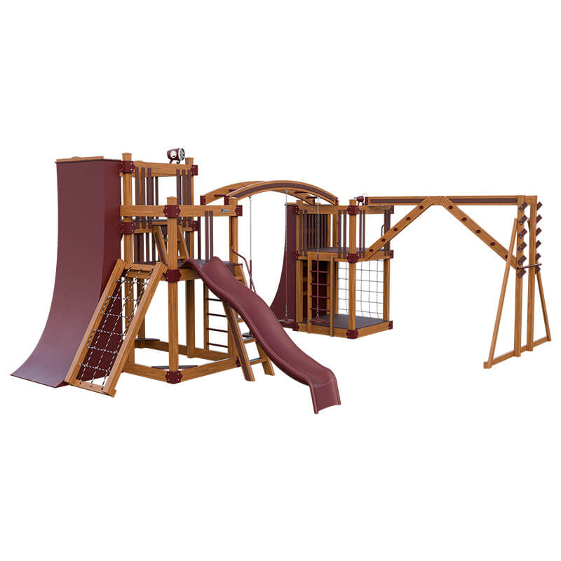 obstacle course vinyl outdoor playset chestnut wood red front left