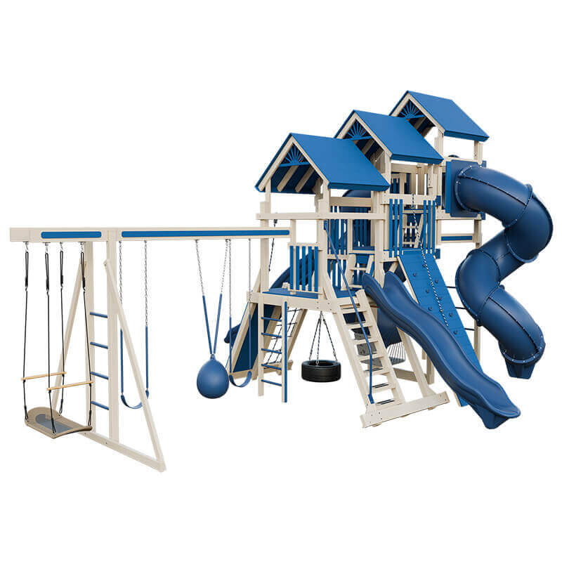 pinnacle vinyl outdoor playset with monkey bars almond blue back left