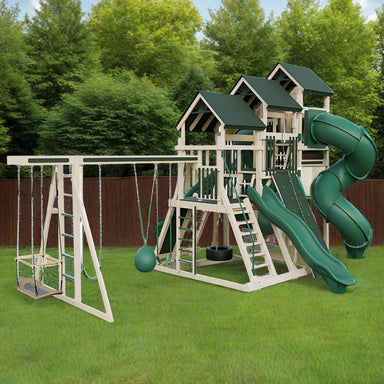 pinnacle vinyl outdoor playset with monkey bars almond green back left