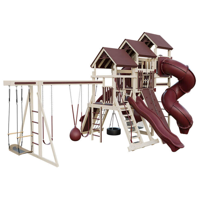 pinnacle vinyl outdoor playset with monkey bars almond red back left
