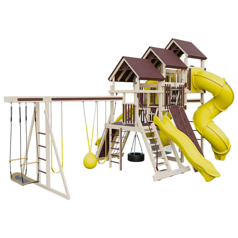 pinnacle vinyl outdoor playset with monkey bars almond red yellow back left