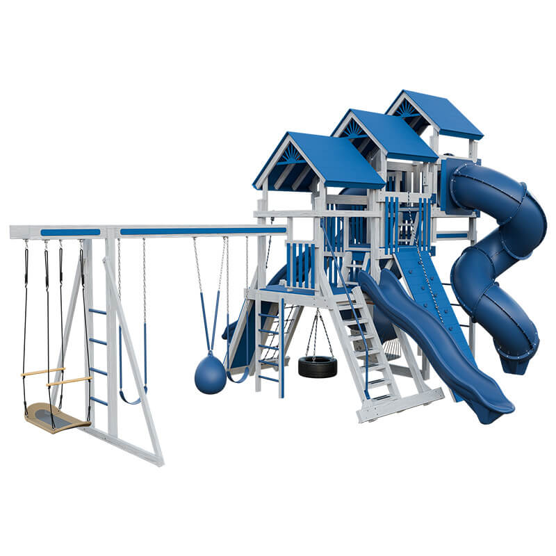 pinnacle vinyl outdoor playset with monkey bars ash wood blue back left