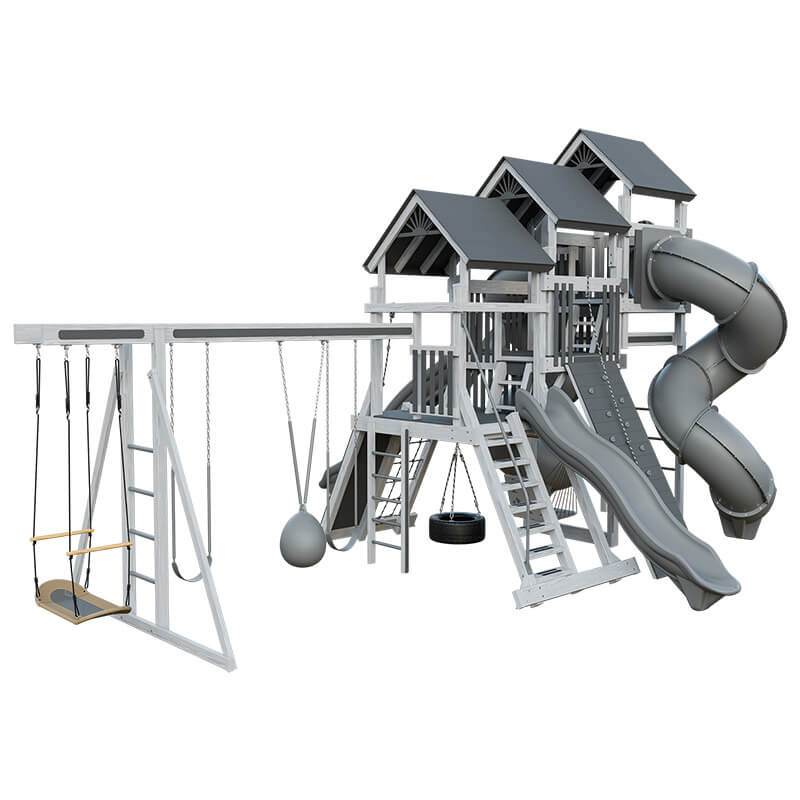 pinnacle vinyl outdoor playset with monkey bars ash wood gray back left
