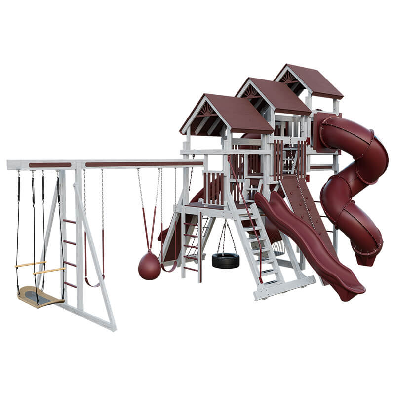pinnacle vinyl outdoor playset with monkey bars ash wood red back left