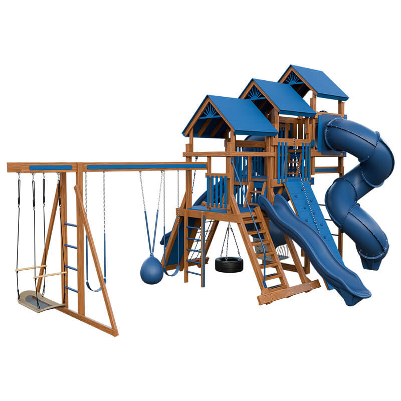 pinnacle vinyl outdoor playset with monkey bars chestnut wood blue back left