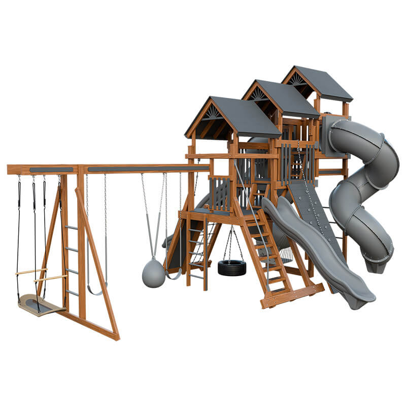 pinnacle vinyl outdoor playset with monkey bars chestnut wood gray back left