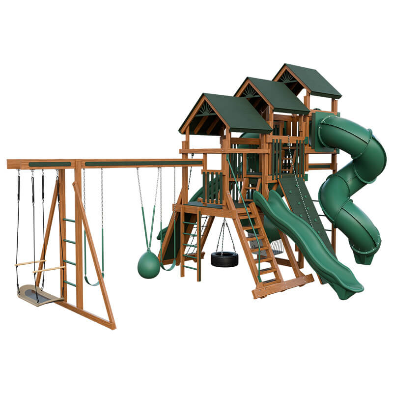 pinnacle vinyl outdoor playset with monkey bars chestnut wood green back left