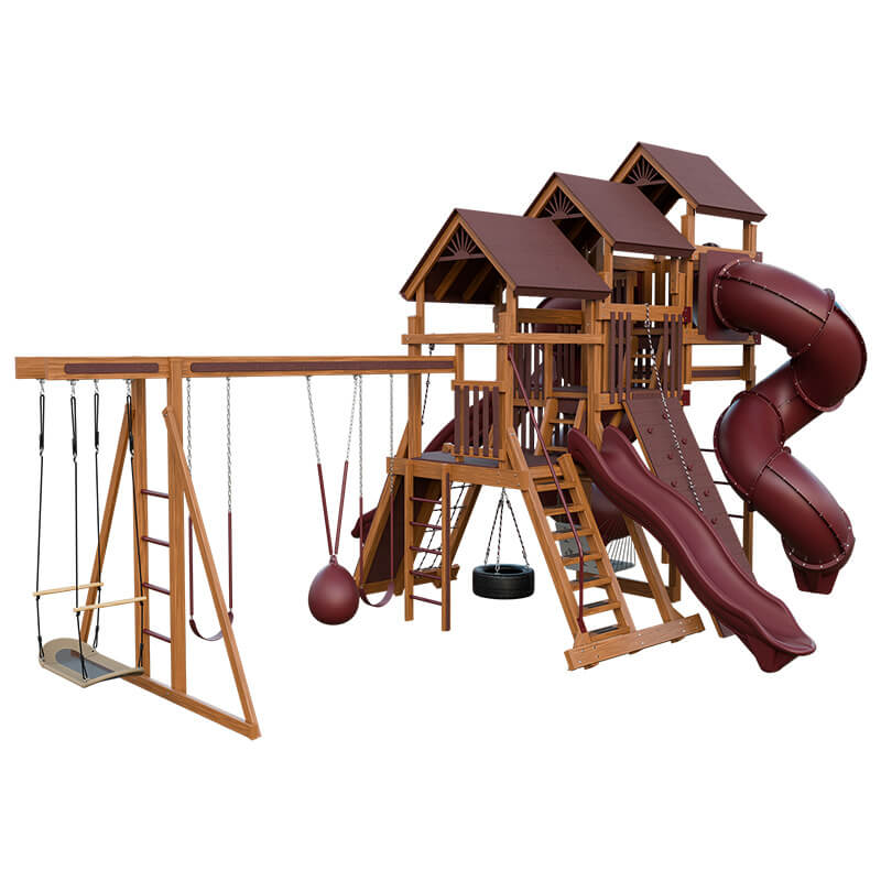 pinnacle vinyl outdoor playset with monkey bars chestnut wood red back left