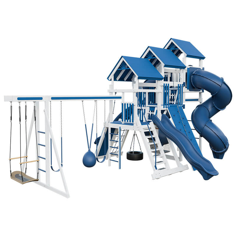 pinnacle vinyl outdoor playset with monkey bars white blue back left