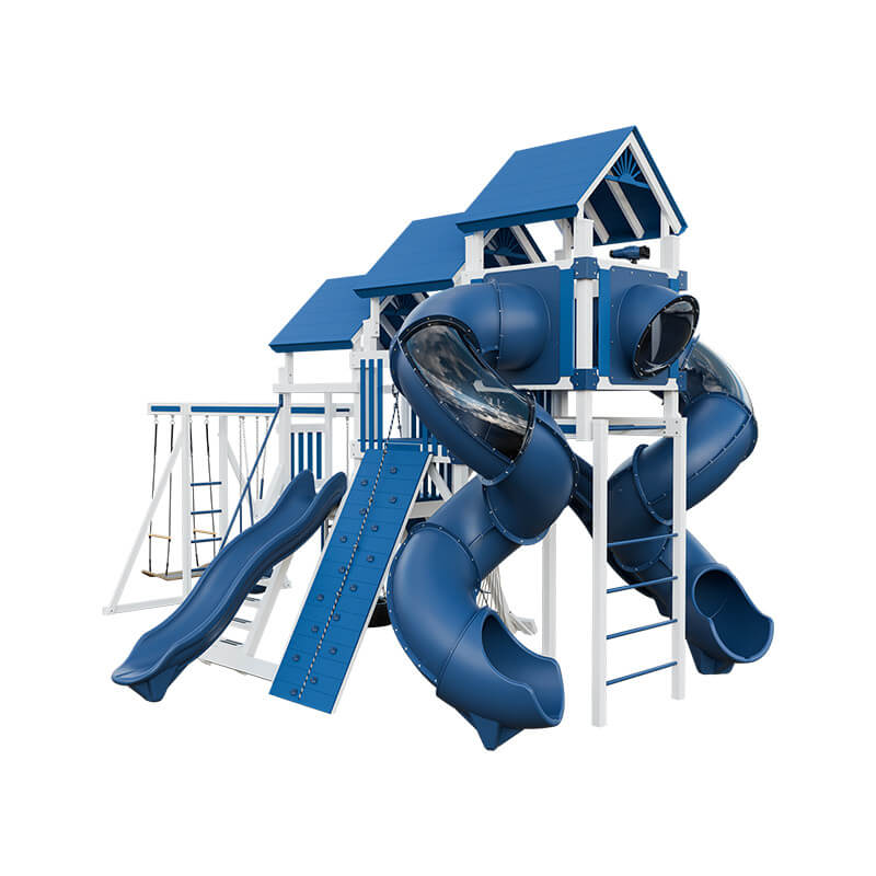 pinnacle vinyl outdoor playset with monkey bars white blue back right