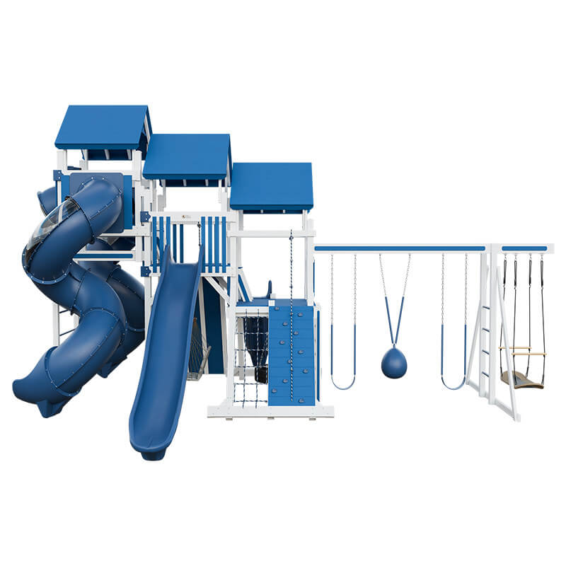 pinnacle vinyl outdoor playset with monkey bars white blue front