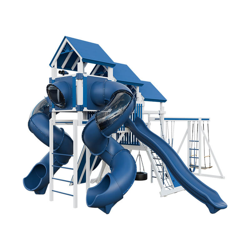 pinnacle vinyl outdoor playset with monkey bars white blue front left