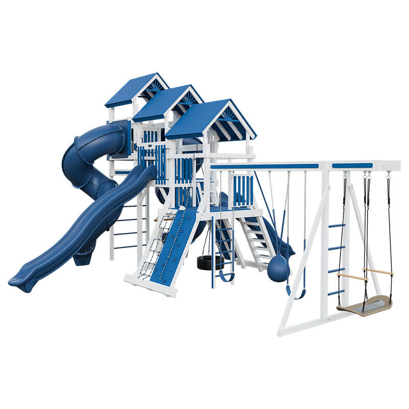 pinnacle vinyl outdoor playset with monkey bars white blue front right
