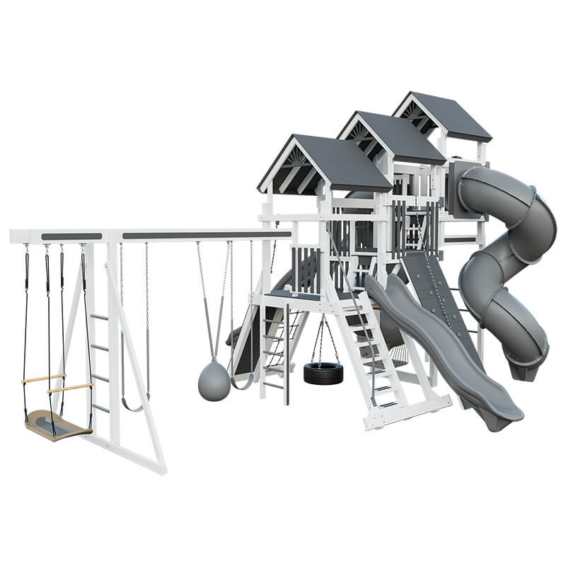 pinnacle vinyl outdoor playset with monkey bars white gray back left