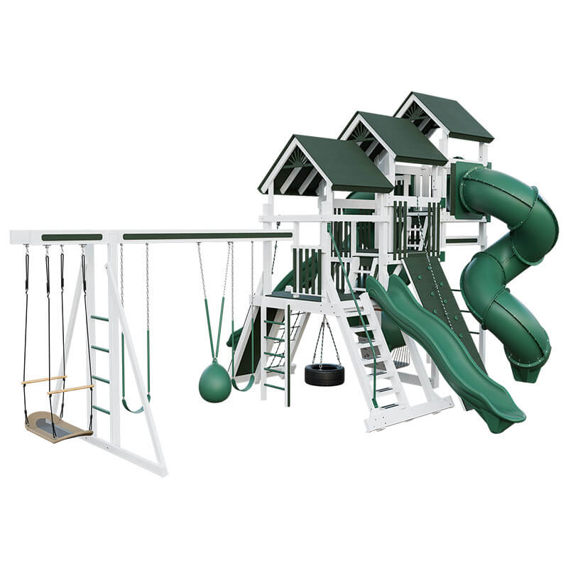 pinnacle vinyl outdoor playset with monkey bars white green back left