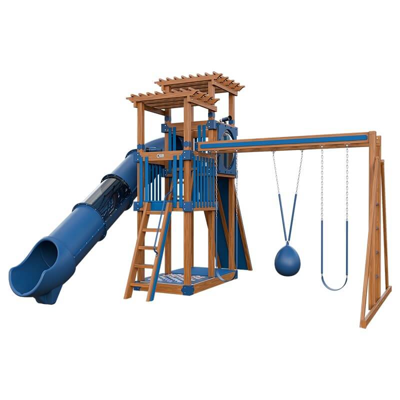 super 48 sidekick vinyl playset with slide chestnut wood blue front right