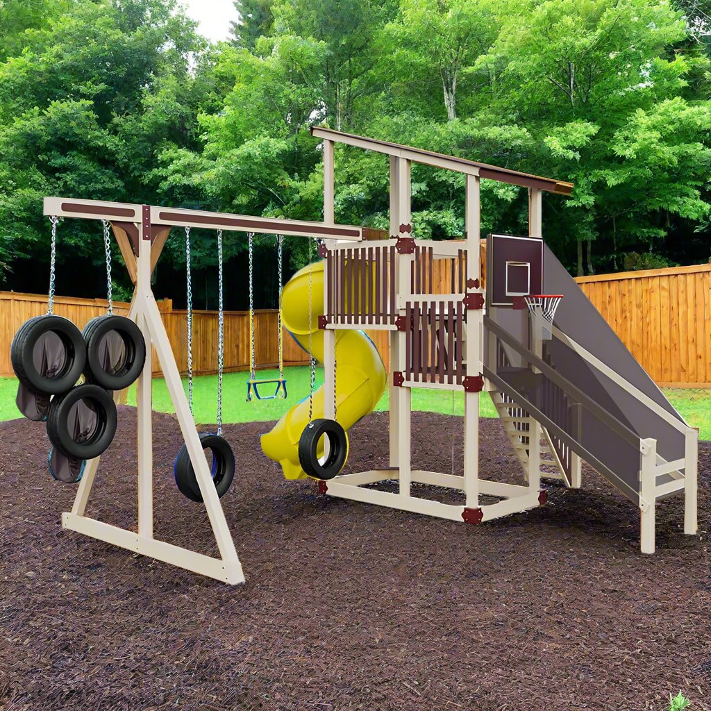super 59 sports tower vinyl playset almond red yellow back left