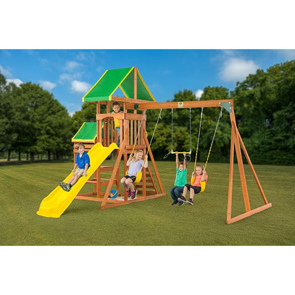 woodlands_wooden_swing_set_with_yellow_slide_kids_playing