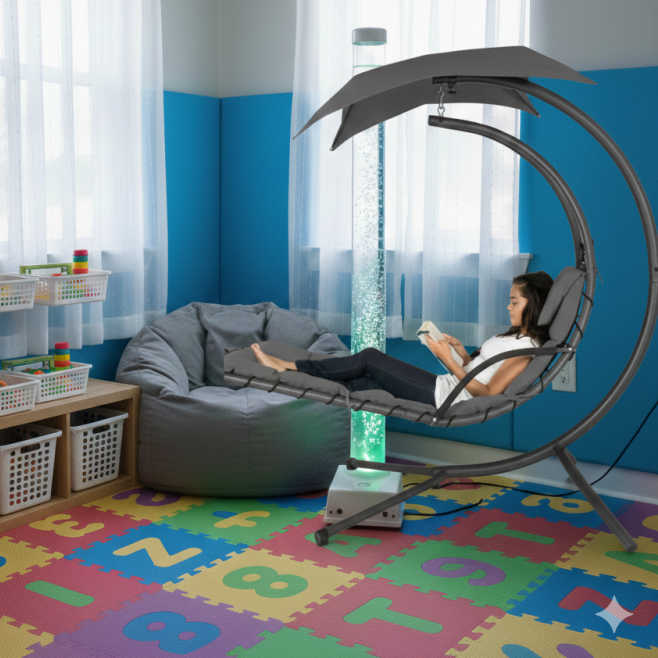 Sensory Room with a girl relaxing on a chair and a bubble tube