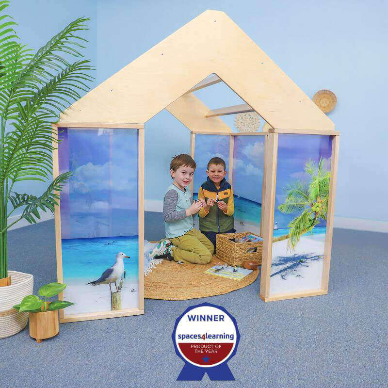 Imaginative Play Beach House with kids on a rug mat