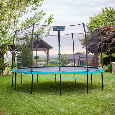 12' Round signature Series skywalker Trampoline in a backyard