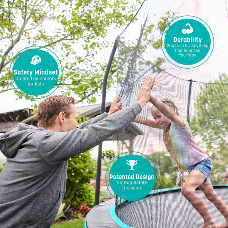 12' Round Trampoline Safety Details with family playing