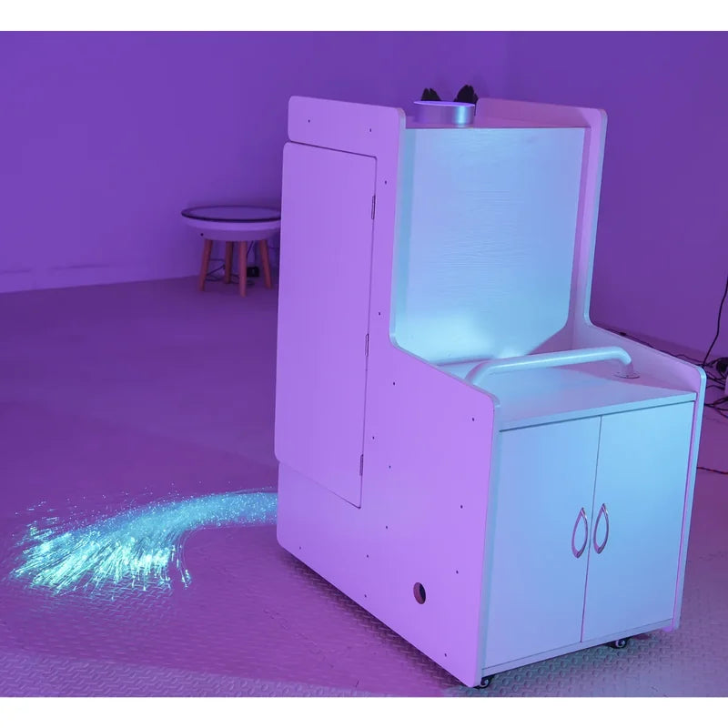 4ft Mobile Sensory Room with Projector - closed cabinet with fiber optic strands beside it