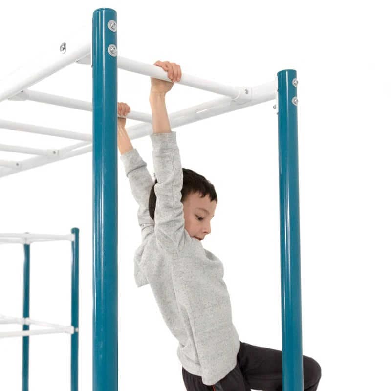 Metal Monkey Bars with boy hanging