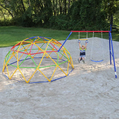 ActivPlay Geo Dome Climber with Swing Set and Basketball Hoop Outdoor Playset SSGC1-1 with Kid swinging