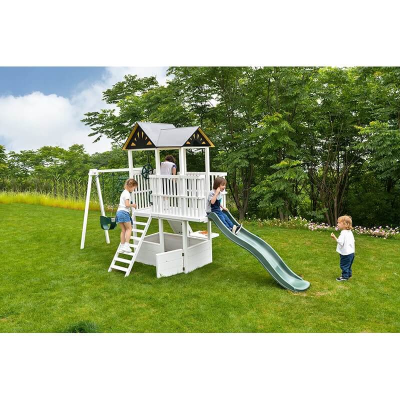 Avenlur Craftsman - Modern Backyard Outdoor Swing Set Rear View With Kids Playing Outdoor