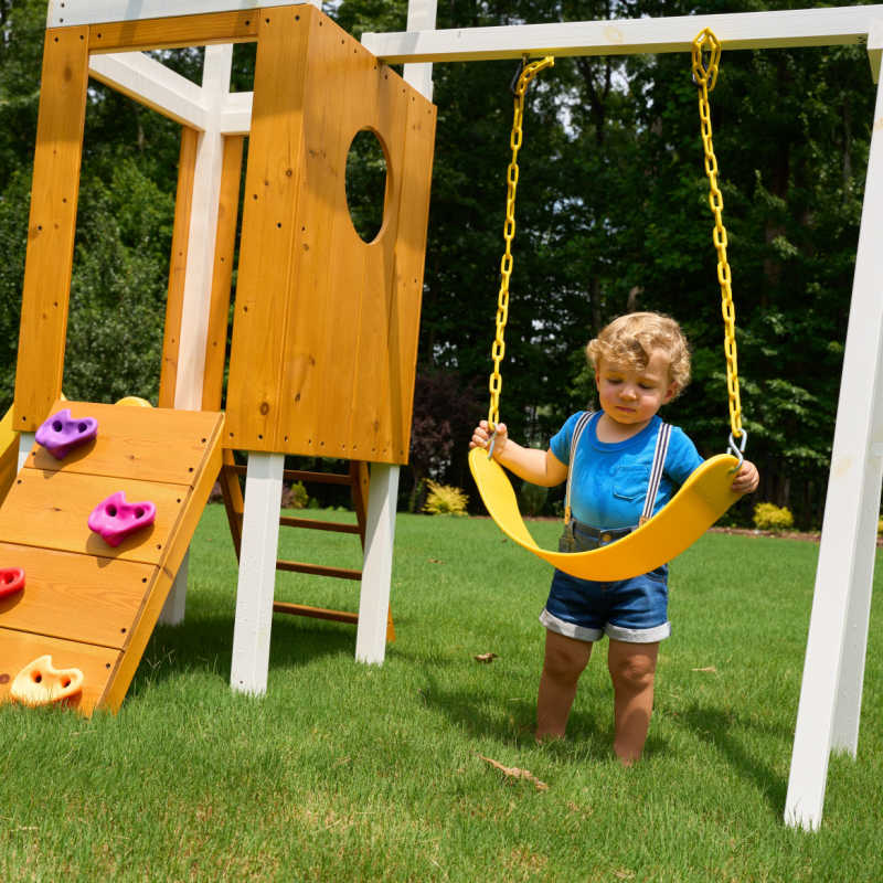 Avenlur Small Forest Toddler Outdoor Playset with swing and kid playing