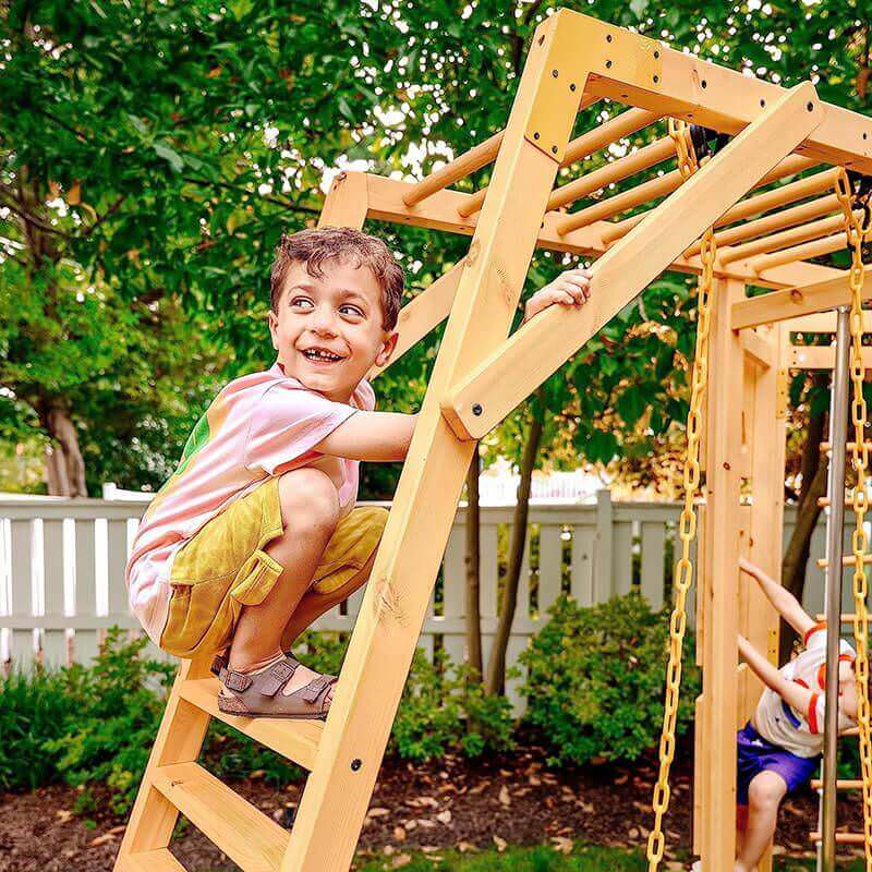Avenlur Hawthorn - Outdoor Climber with Monkey Bars, Swing, and Octagon Climber Showing A Boy Climbing A Ladder