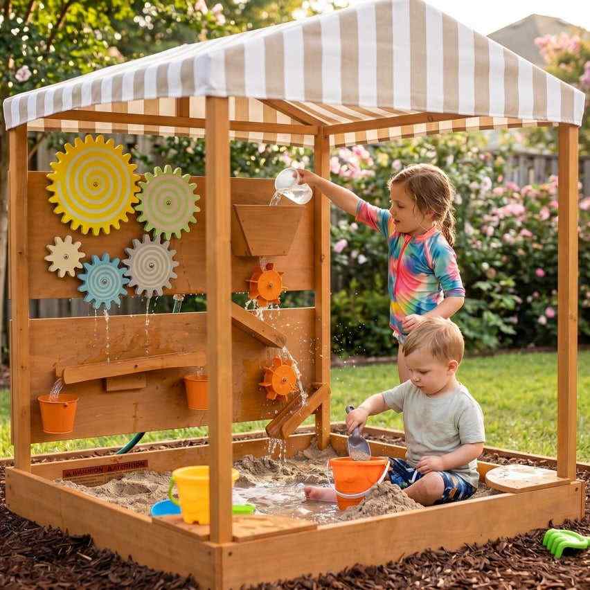  Outdoor Sensory Play Market & Water Wall with kids playing with sand and water