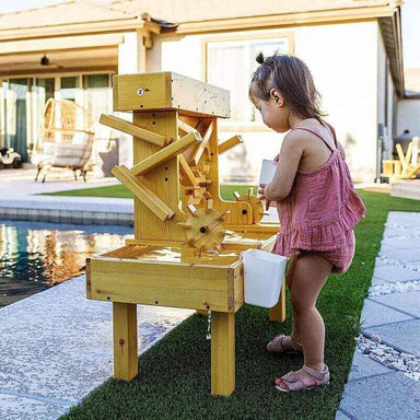 Avenlur Outdoor Wooden Water Table For Kids Toddlers Side View A Girl Playing