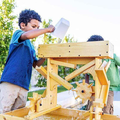 Avenlur Outdoor Wooden Water Table For Kids Toddlers Side View Showing Kids Pouring Water