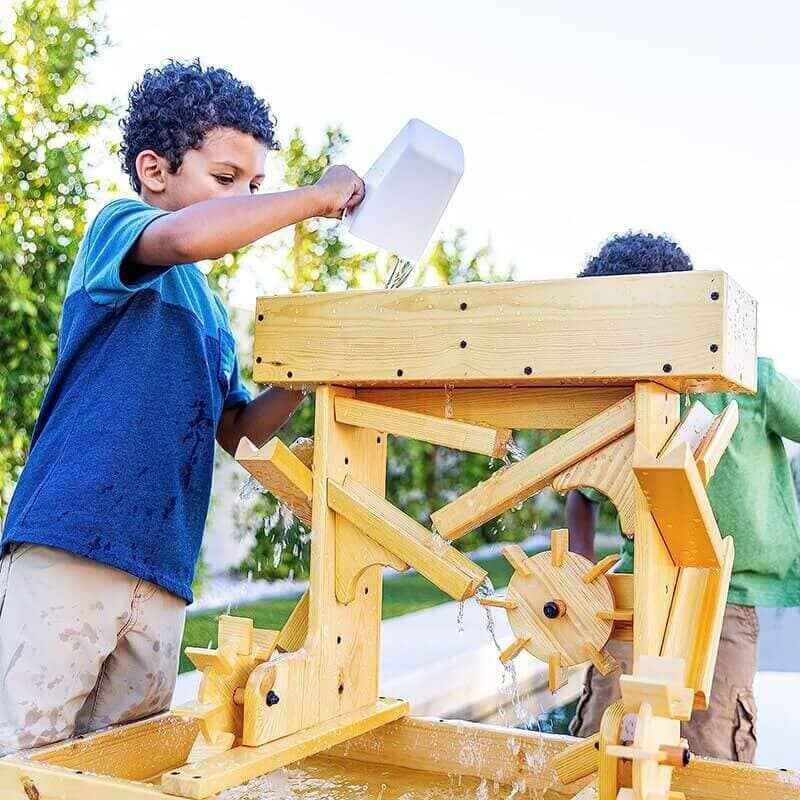 Avenlur Outdoor Wooden Water Table For Kids Toddlers Side View Showing Kids Pouring Water