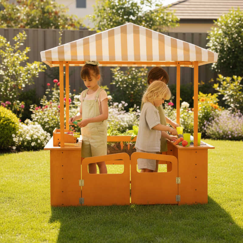 Avenlur Sumac outdoor wooden play market and mud kitchen with kids playing