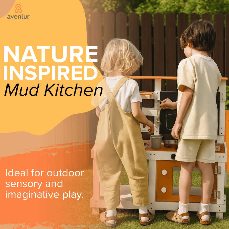 Avenlur Woodland Mud Kitchen – Montessori Outdoor Wooden Play Kitchen front view with kids