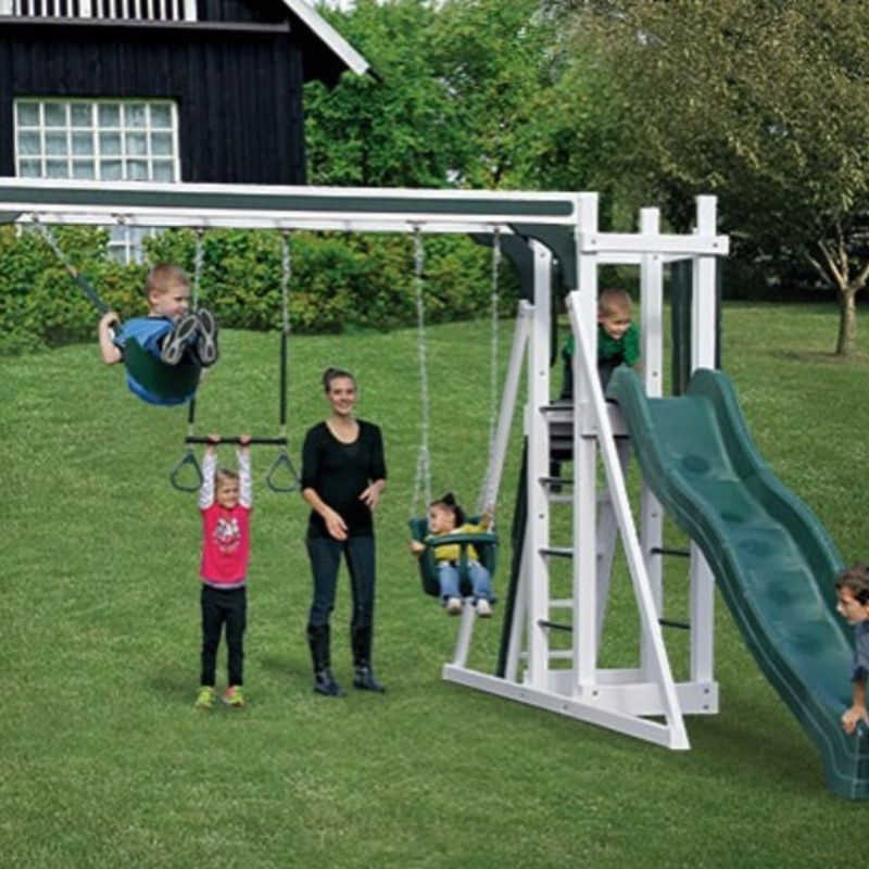 Base Camp 22 Vinyl Swing Set with kids in a yard