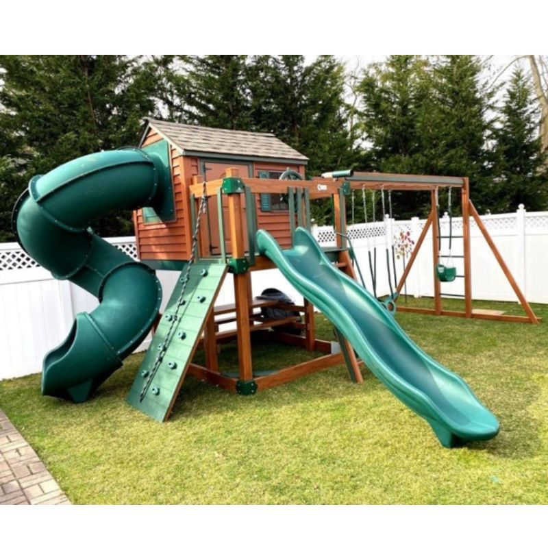 Cabin Deluxe Playhouse with Swing wood and chestnut
